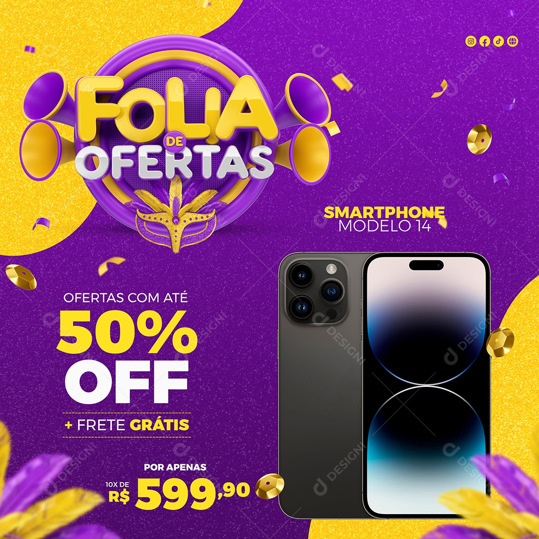 Folia de Ofertas Smartphone Modelo 14 Ofertas com Até 50% Off Social Media PSD Editável