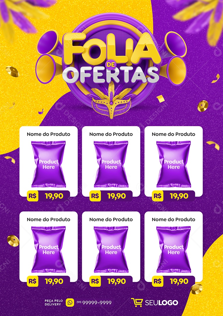 Encarte Folia de Ofertas Supermercado Carnaval Social Media PSD Editável