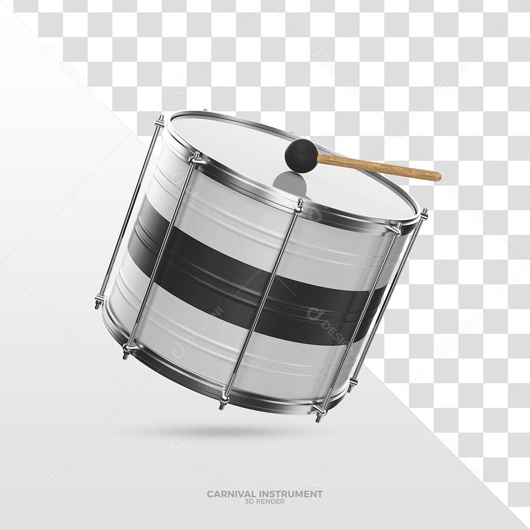 Tambor Preto com Faixa Branca de Carnaval Elemento 3D para Composição PSD