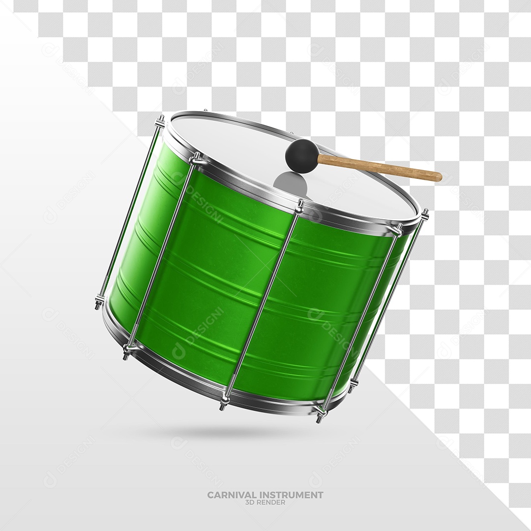 Tambor Verde de Carnaval Elemento 3D para Composição PSD