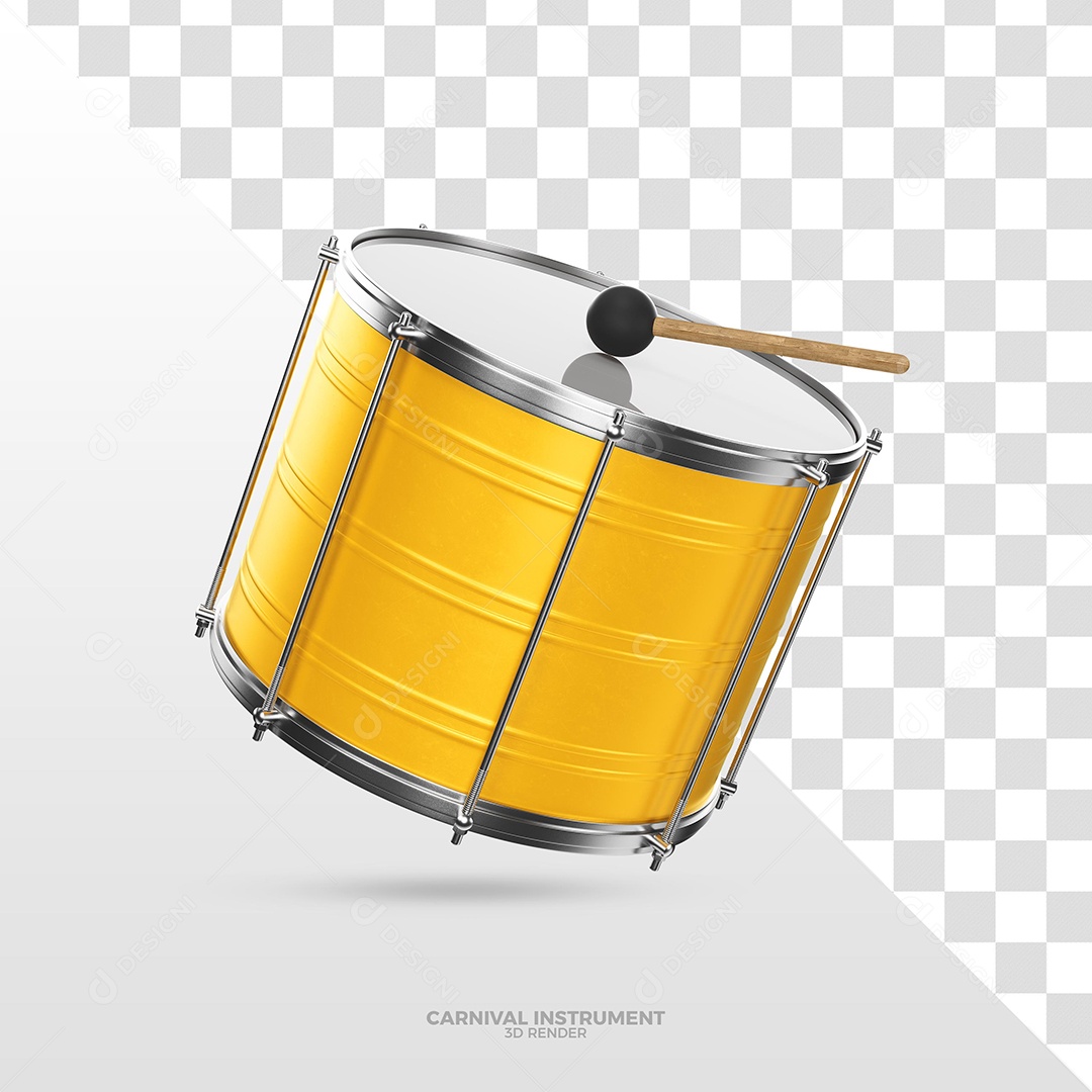 Tambor Amarelo de Carnaval Elemento 3D para Composição PSD