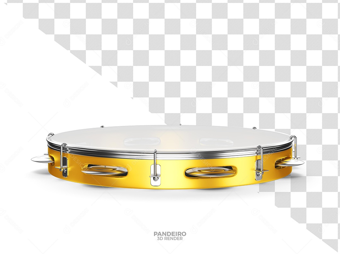 Pandeiro Dourado e Branco de Carnaval Elemento 3D para Composição PSD