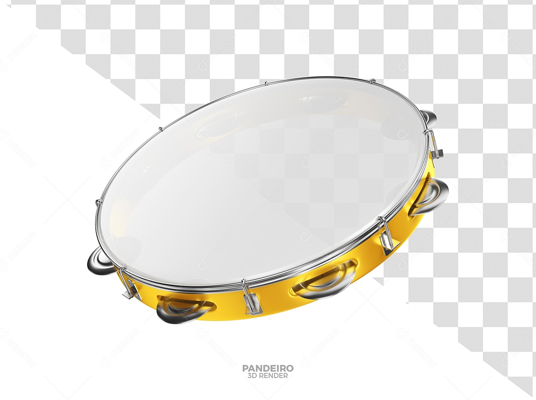 Pandeiro Dourado e Branco de Carnaval Elemento 3D para Composição PSD