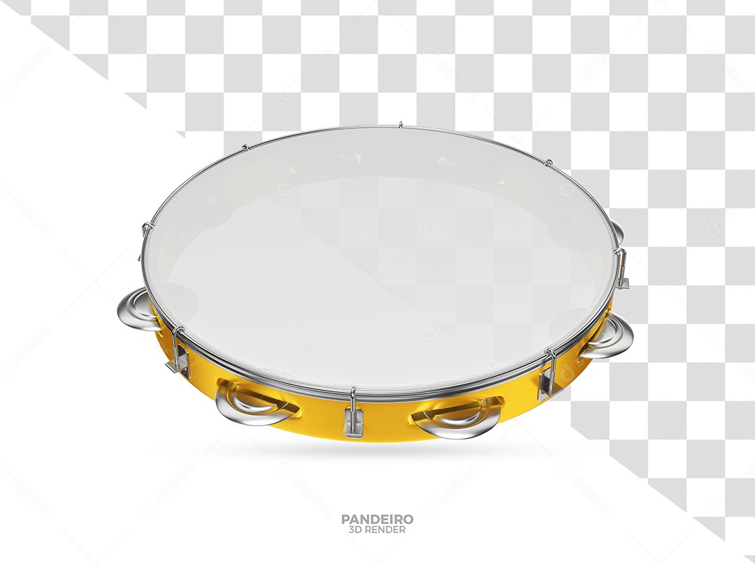 Pandeiro Dourado e Branco de Carnaval Elemento 3D para Composição PSD