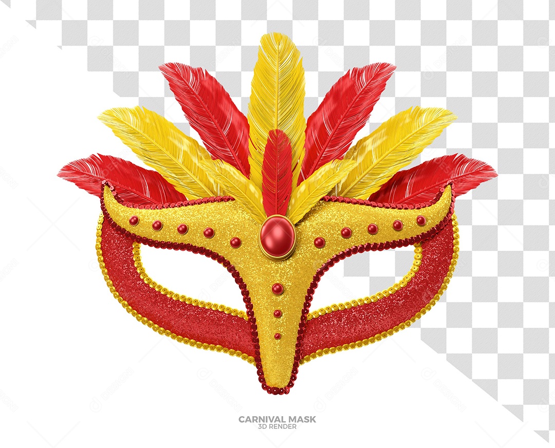 Máscara Vermelho e Dourado de Carnaval Elemento 3D para Composição PSD