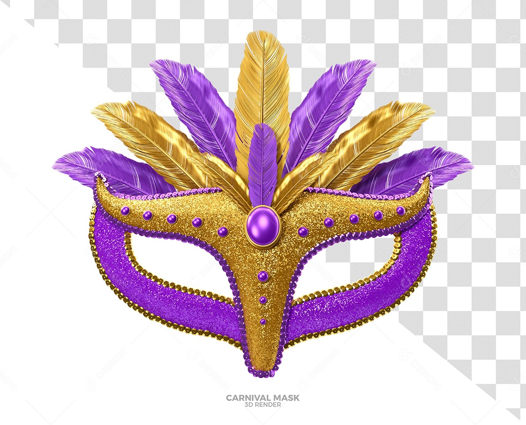 Máscara Roxo e Dourado de Carnaval Elemento 3D para Composição PSD