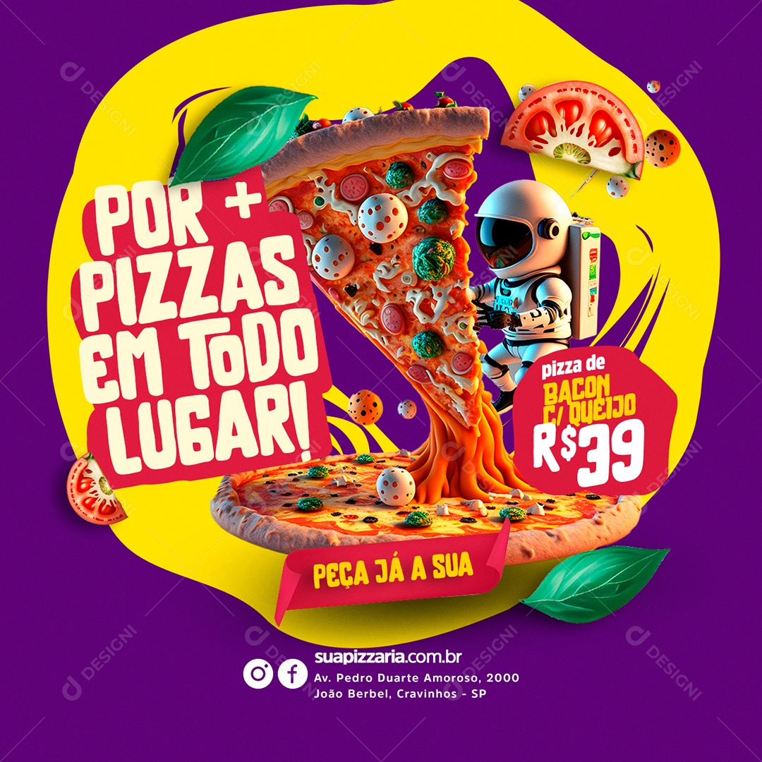 Por + Pizzas em Todo Lugar Pizzaria Social Media PSD Editável