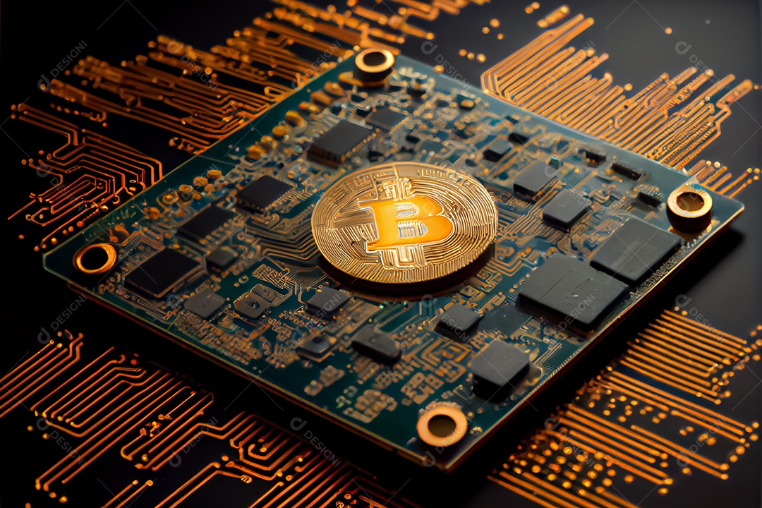 Moeda de ouro bitcoin na placa de circuito do computador
