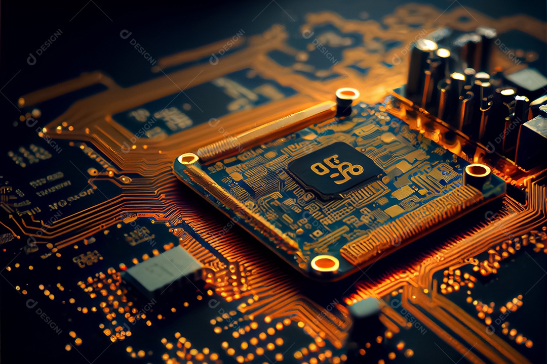 Moeda de ouro bitcoin na placa de circuito do computador