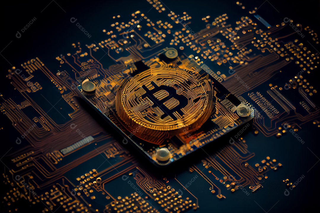 Moeda de ouro bitcoin na placa de circuito do computador