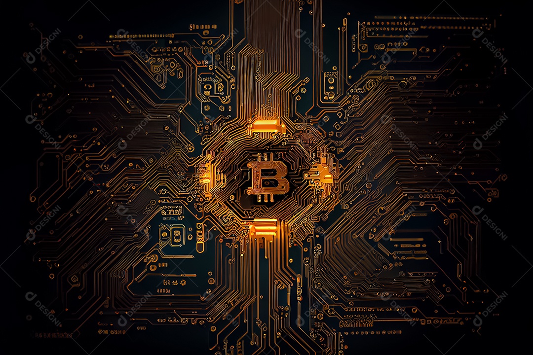 Moeda de ouro bitcoin na placa de circuito do computador