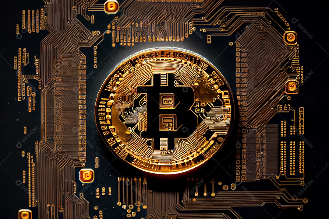 Moeda de ouro bitcoin na placa de circuito do computador