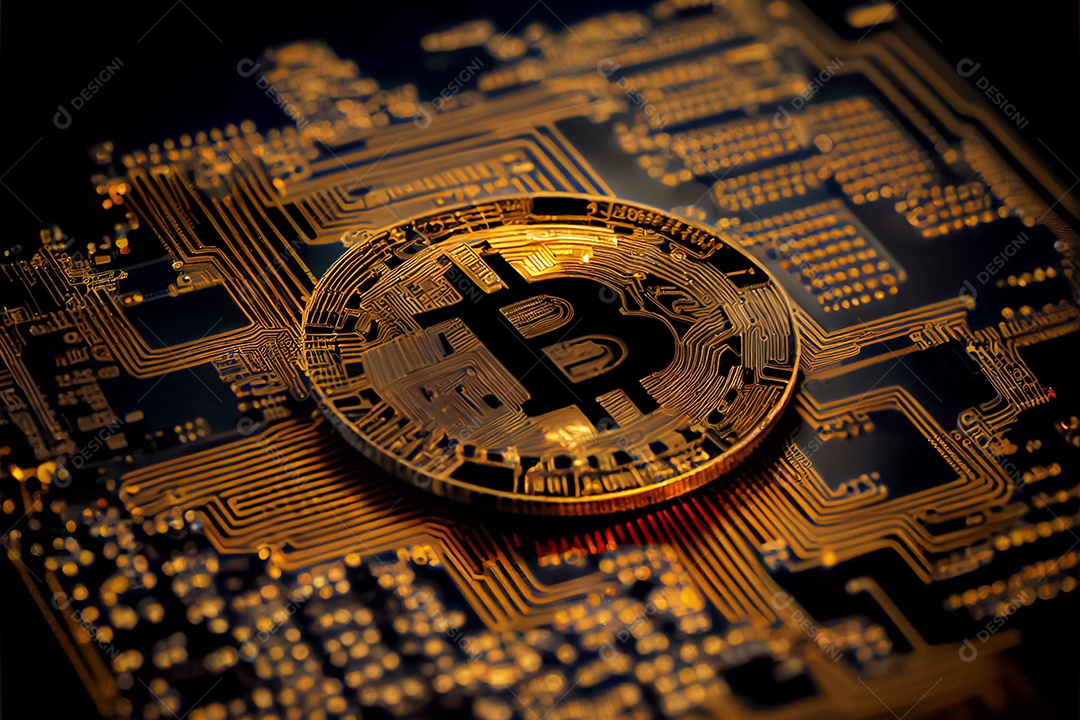 Moeda de ouro bitcoin na placa de circuito do computador