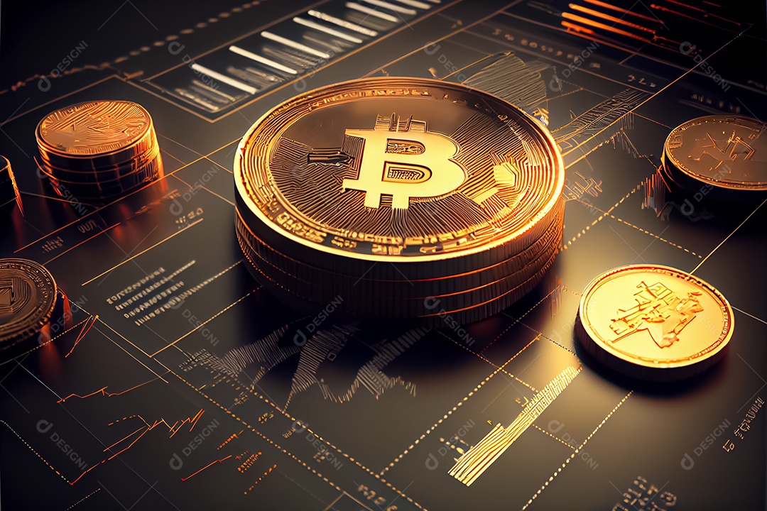 Moeda de ouro bitcoin na placa de circuito do computador