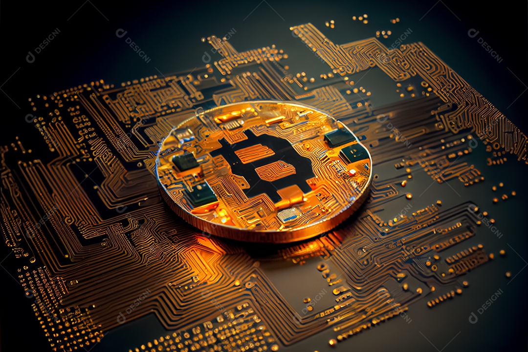 Moeda de ouro bitcoin na placa de circuito do computador