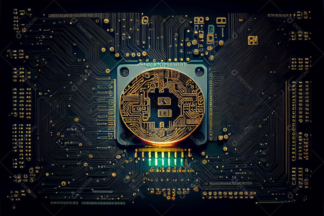 Moeda de ouro bitcoin na placa de circuito do computador
