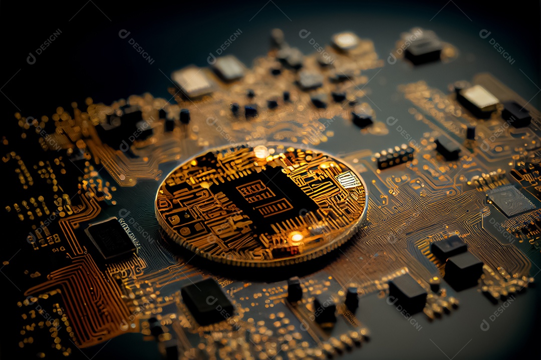 Moeda de ouro bitcoin na placa de circuito do computador