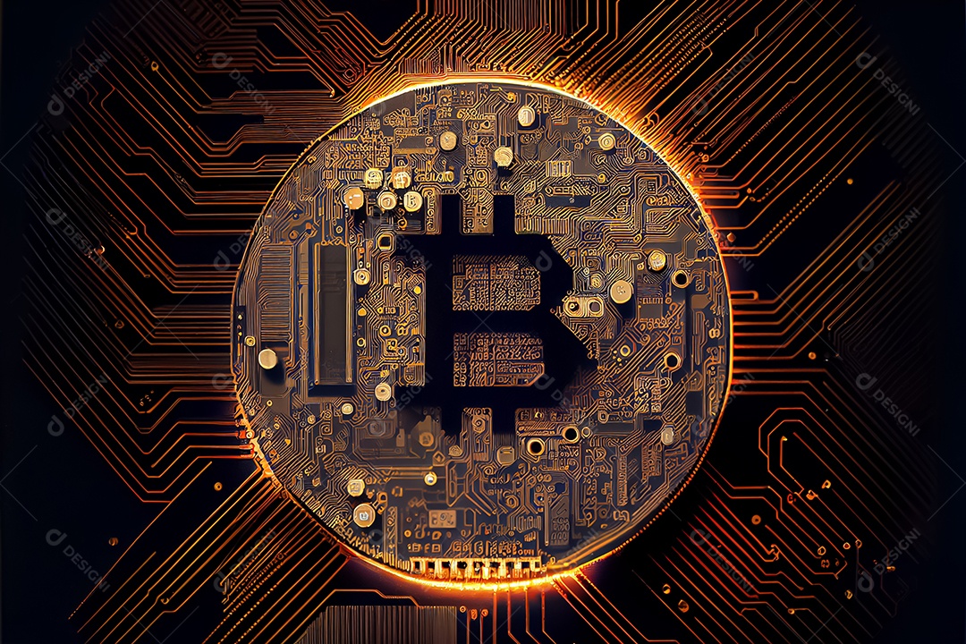 Moeda de ouro bitcoin na placa de circuito do computador