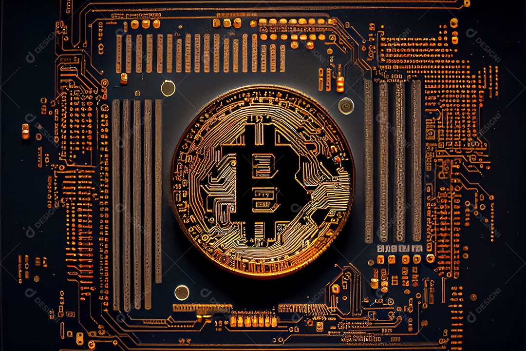 Moeda de ouro bitcoin na placa de circuito do computador