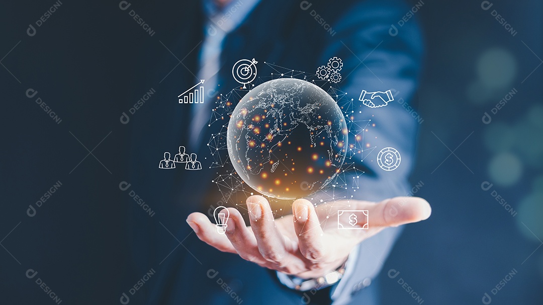 Mão de empresário segurando o metaverso de conexão de Internet global virtual.