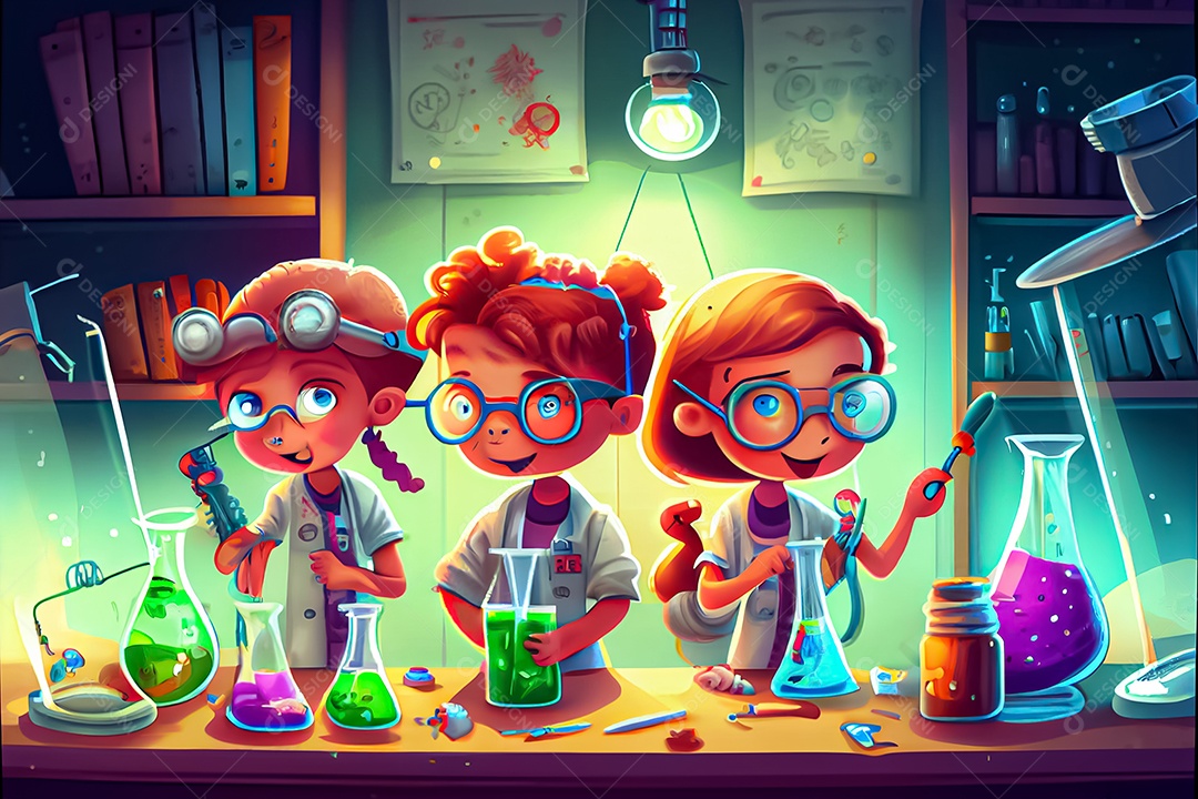 Desenhos animados crianças ciência experimentando produtos químicos Dia Nacional da Ciência