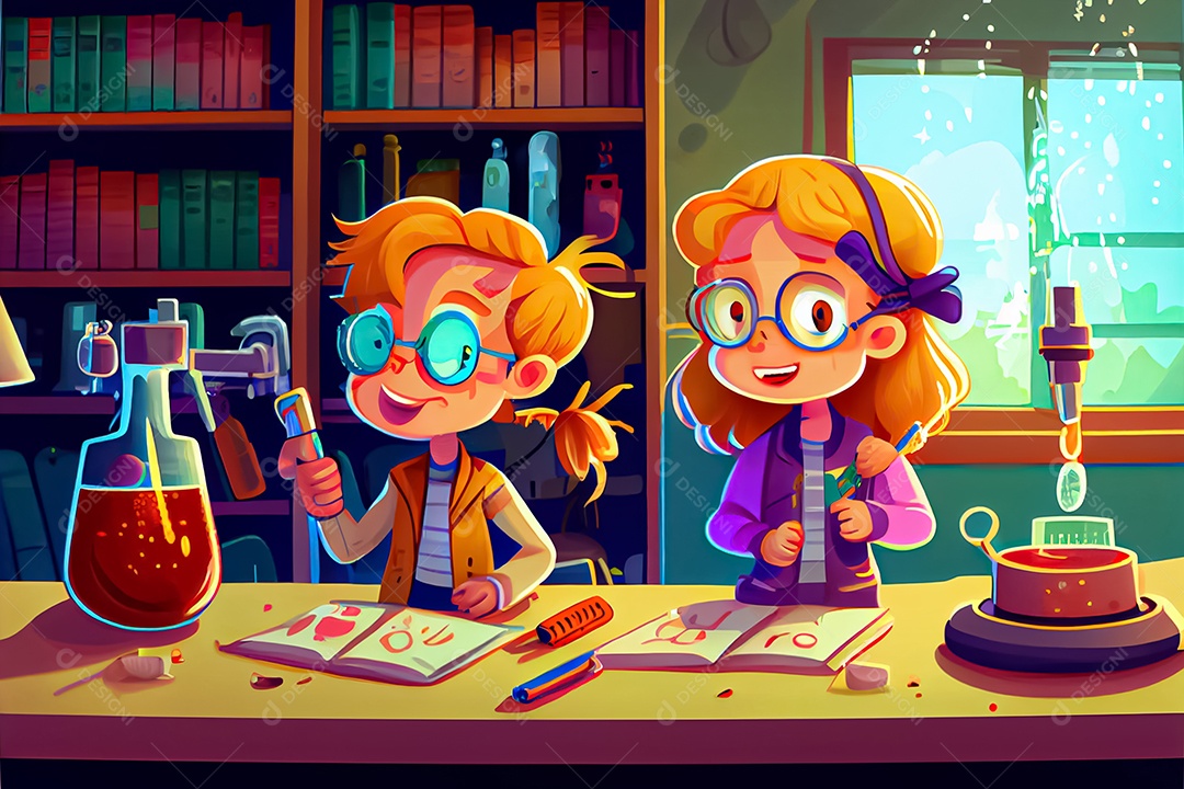 Desenhos animados crianças ciência experimentando produtos químicos Dia Nacional da Ciência