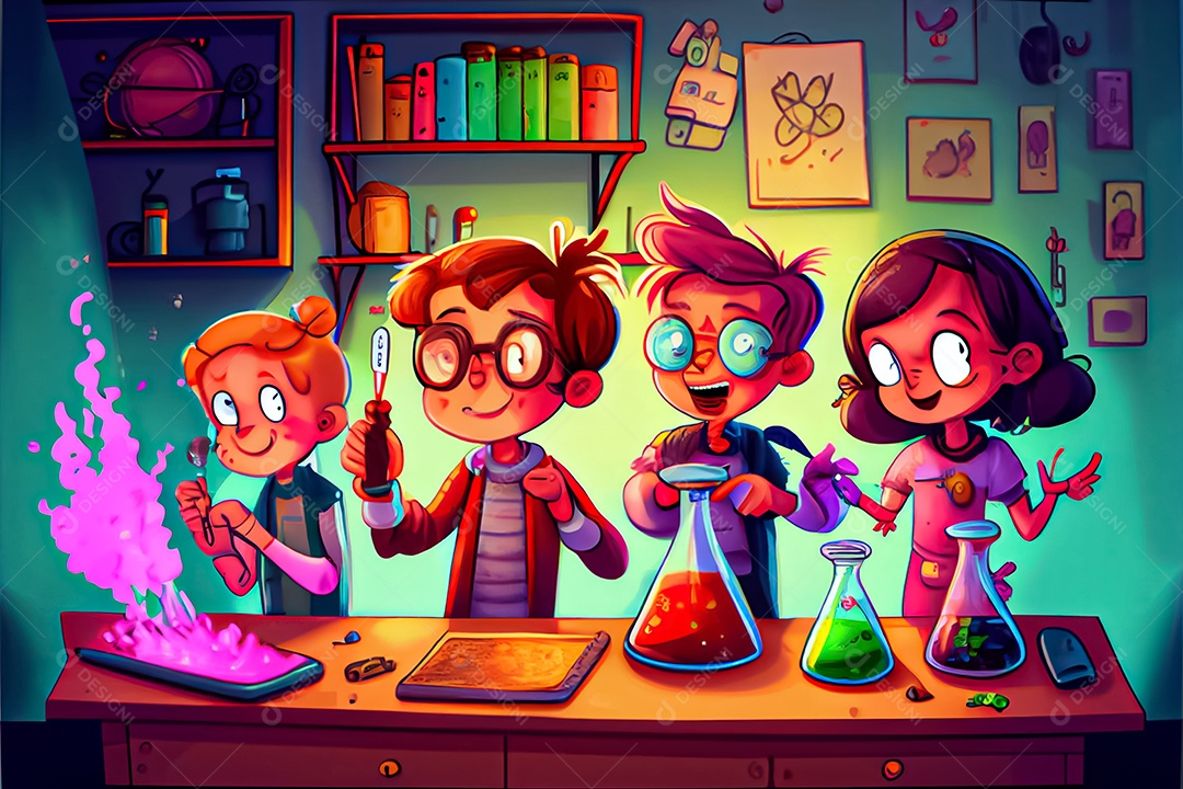 Desenhos animados crianças ciência experimentando produtos químicos Dia Nacional da Ciência