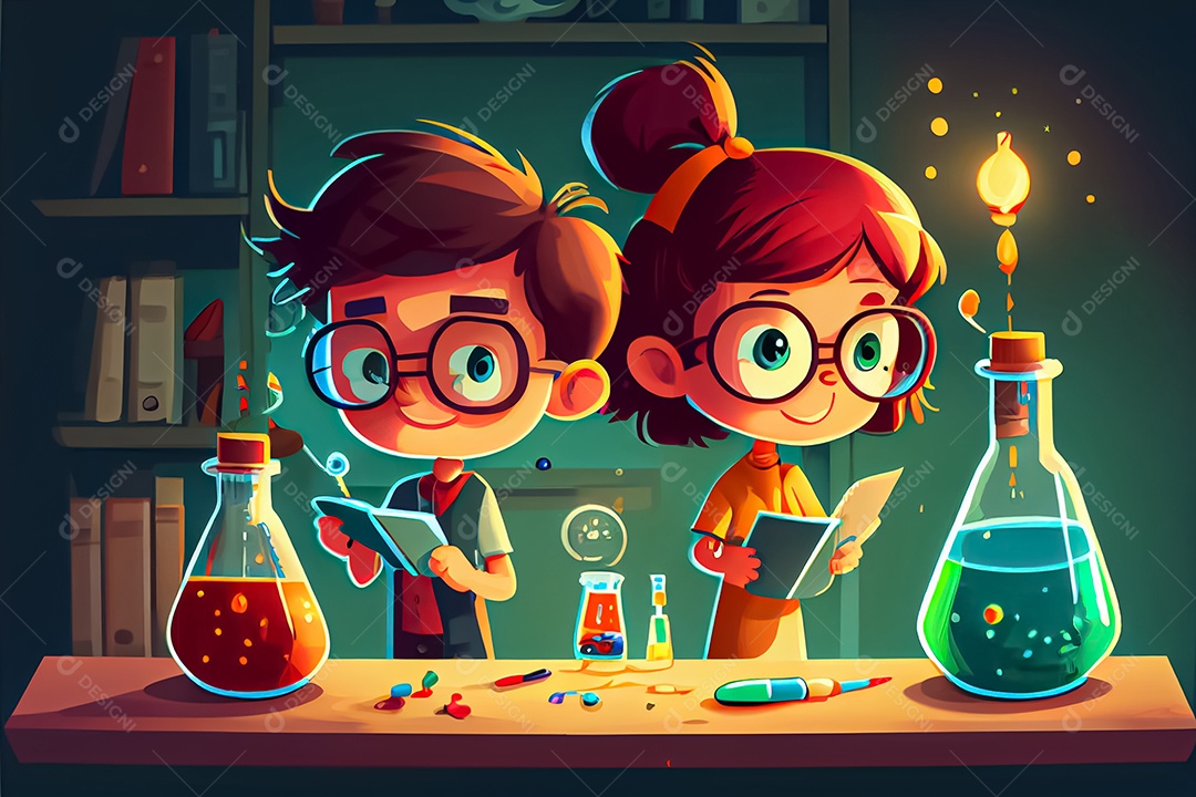 Desenhos animados crianças ciência experimentando produtos químicos Dia Nacional da Ciência