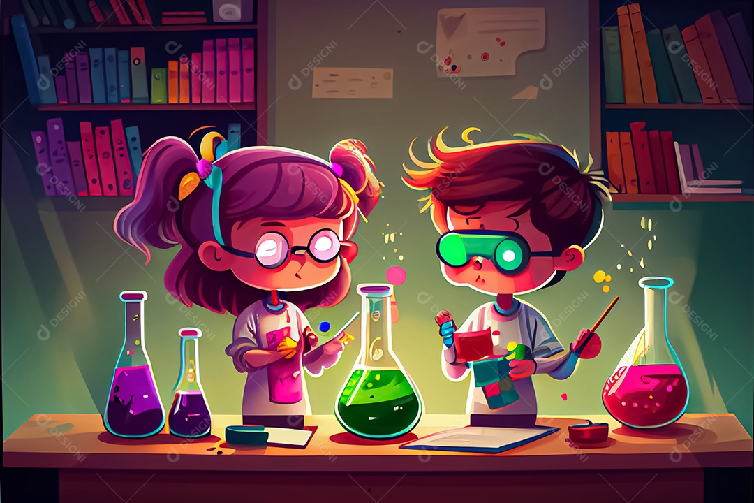 Desenhos animados crianças ciência experimentando produtos químicos Dia Nacional da Ciência