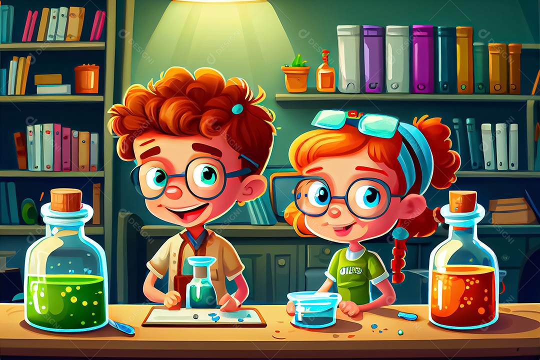 Desenhos animados crianças ciência experimentando produtos químicos Dia Nacional da Ciência