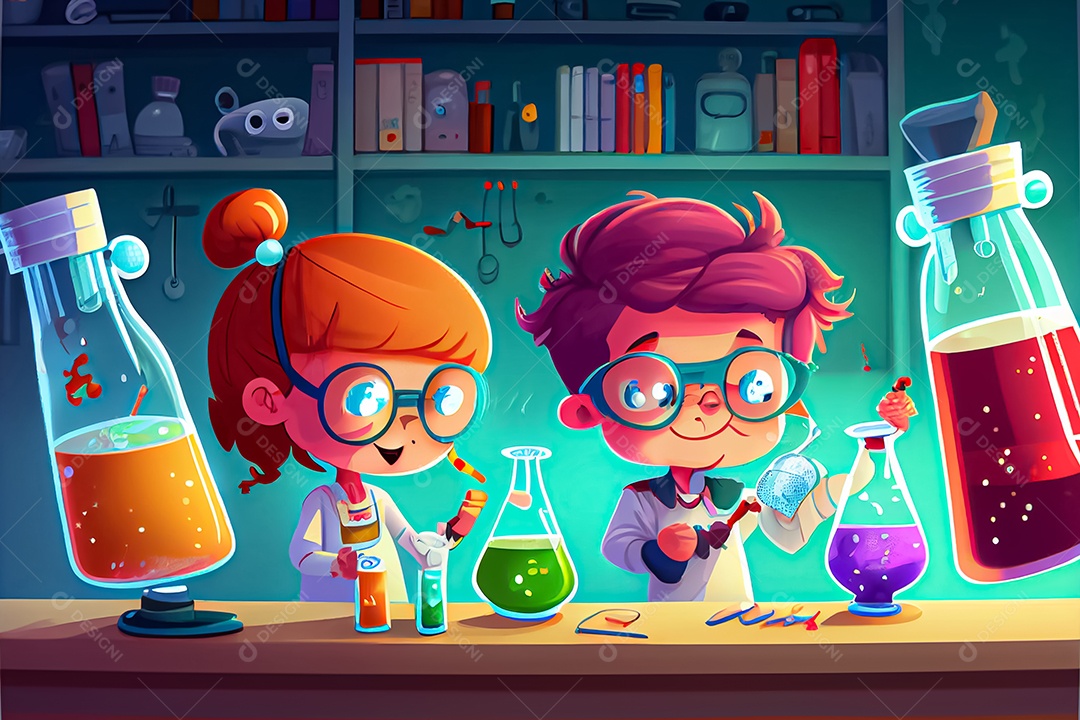 Desenhos animados crianças ciência experimentando produtos químicos Dia Nacional da Ciência