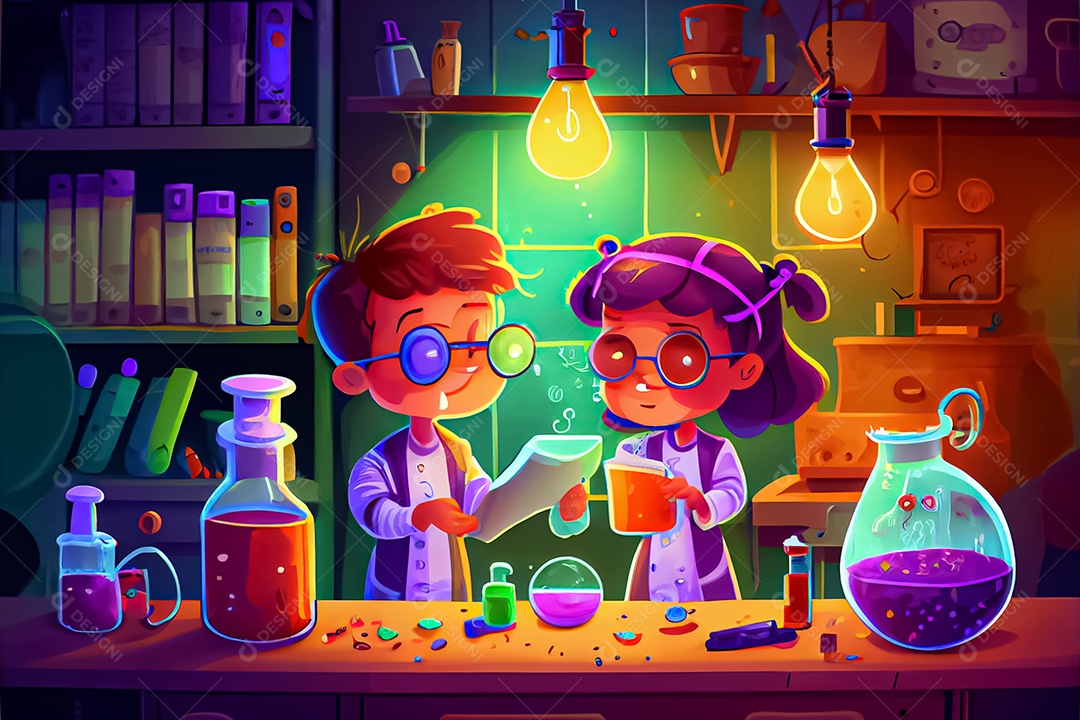 Desenhos animados crianças ciência experimentando produtos químicos Dia Nacional da Ciência