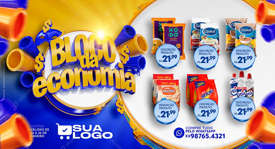 Banner Encarte Bloco da Economia Produtos Supermercado Carnaval Social Media PSD Editável