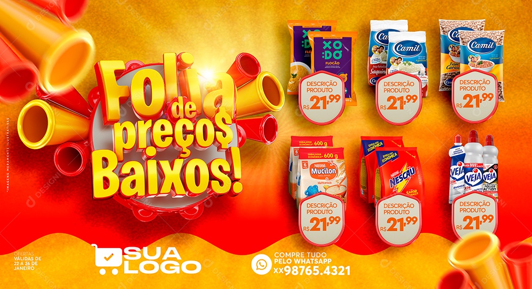 Banner Encarte Folia de Preços Baixos Venha Conferir Social Media PSD Editável