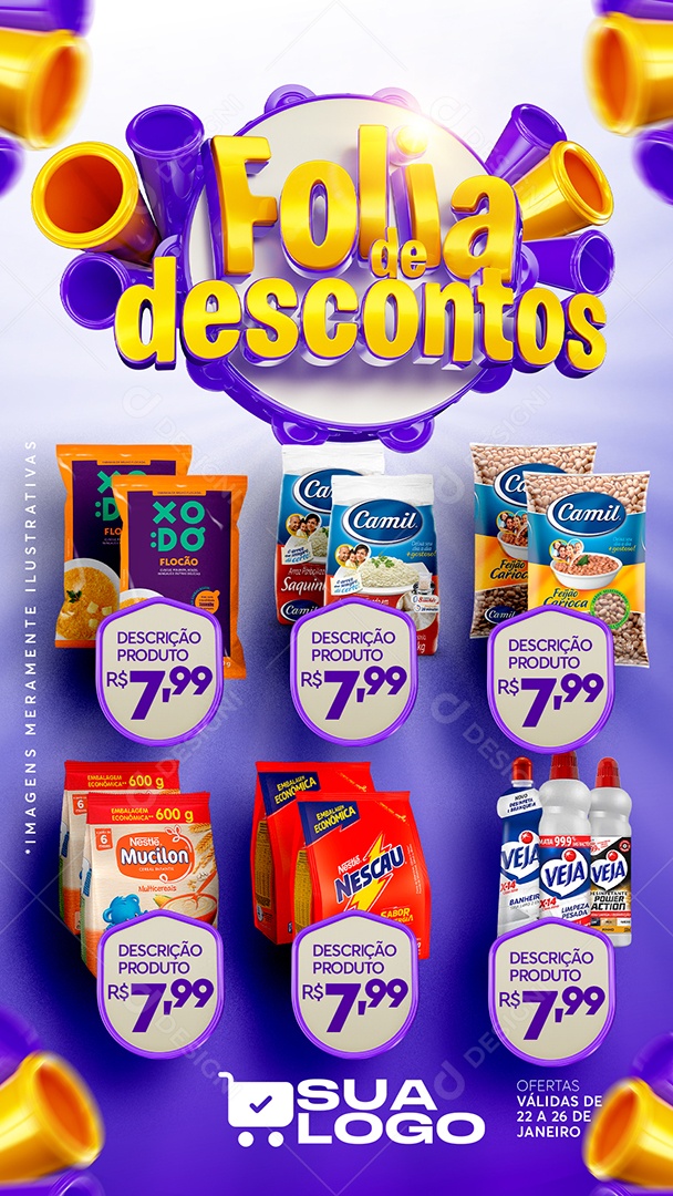 Story Encarte Folia de Descontos Produtos Supermercado Carnaval Social Media PSD Editável