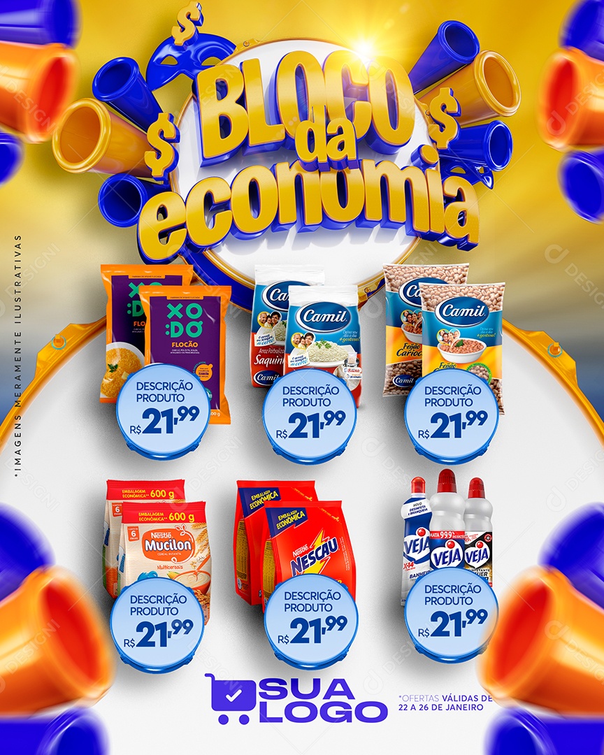 Encarte Bloco da Economia Produtos Supermercado Carnaval Social Media PSD Editável