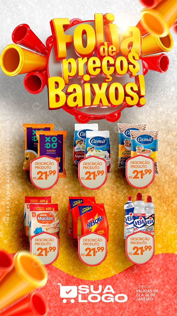Story Encarte Folia de Preços Baixo Produtos Supermercado Carnaval Social Media PSD Editável