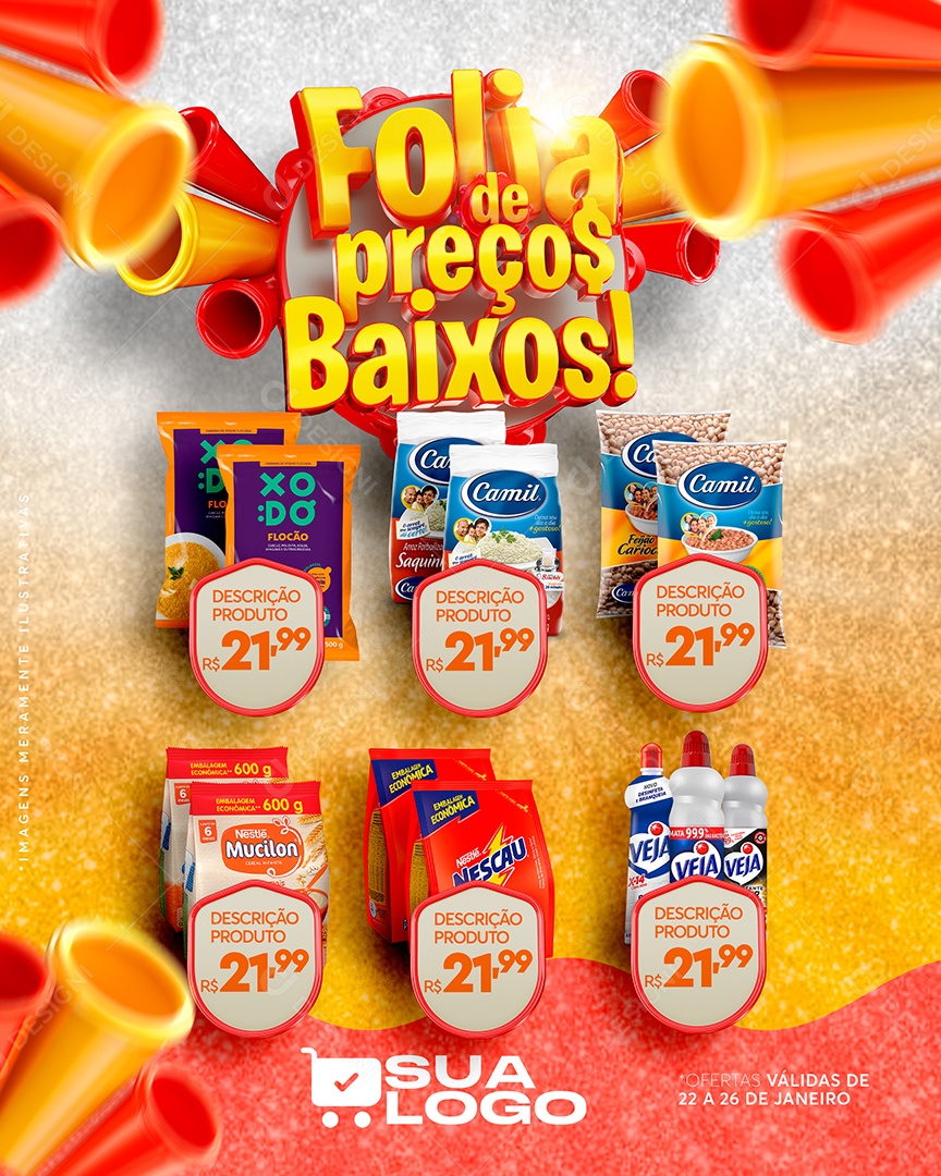 Encarte Folia de Preços Baixo Produtos Supermercado Carnaval Social Media PSD Editável