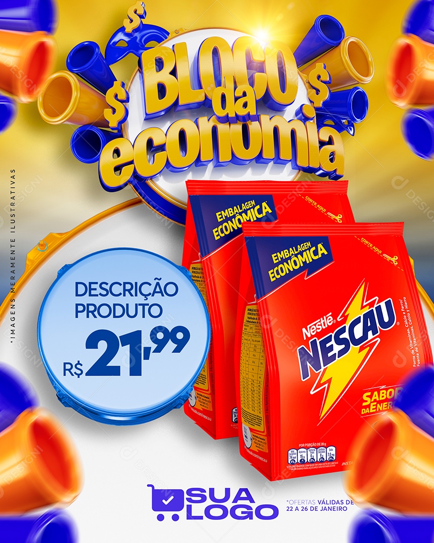 Bloco da Economia Nescau 21,99 Supermercado Carnaval Social Media PSD Editável