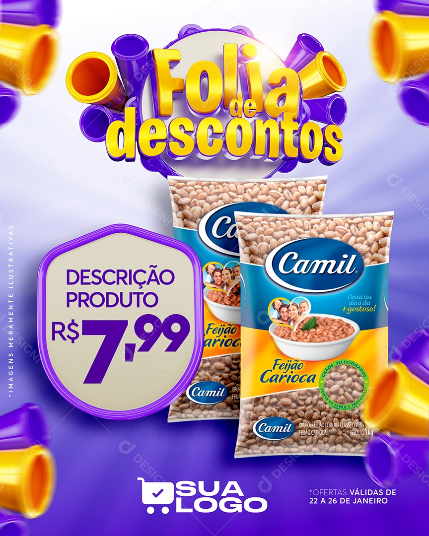 Folia de Descontos Feijão Camil 7,99 Carnaval Supermercado Social Media PSD Editável