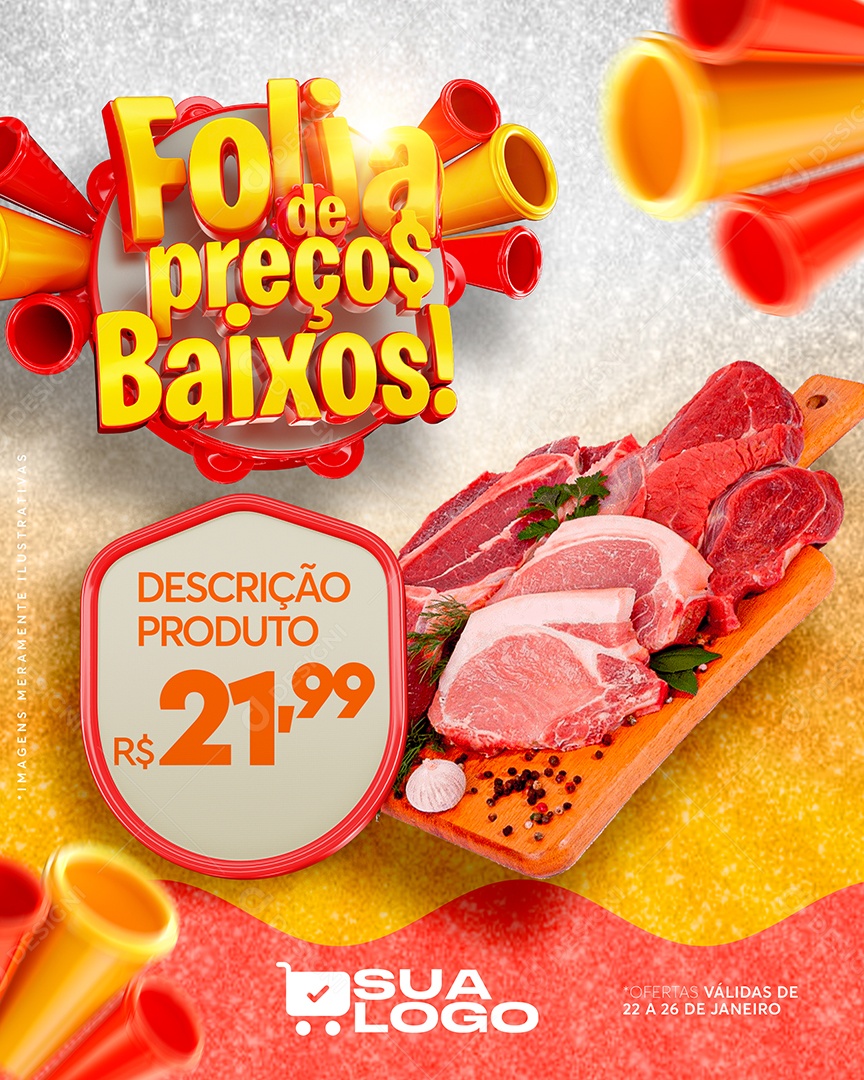 Folia de Preços Baixos Açougue Carnes Social Media PSD Editável