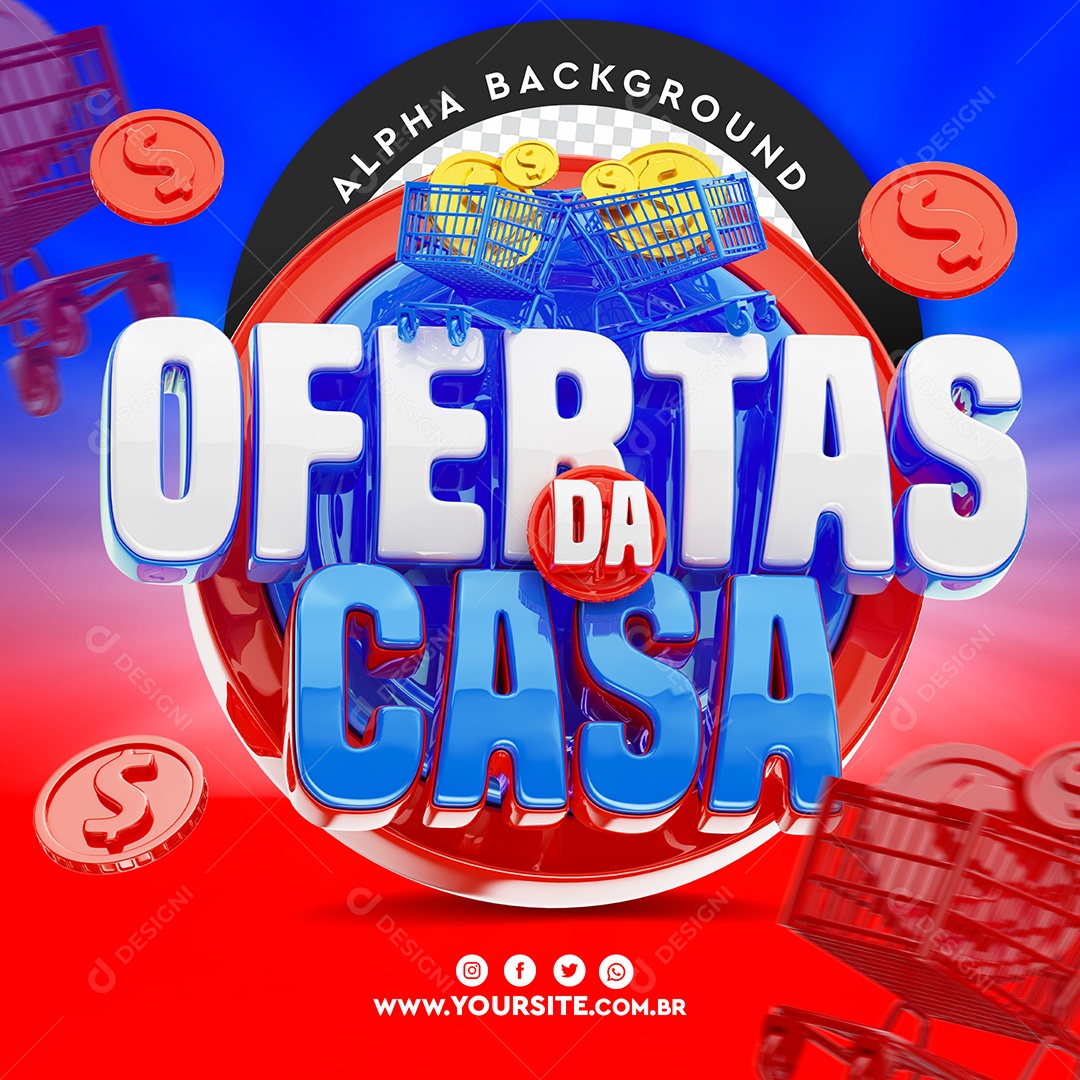 Ofertas da Casa Selo 3D Branco Vermelho e Azul para Composição PSD