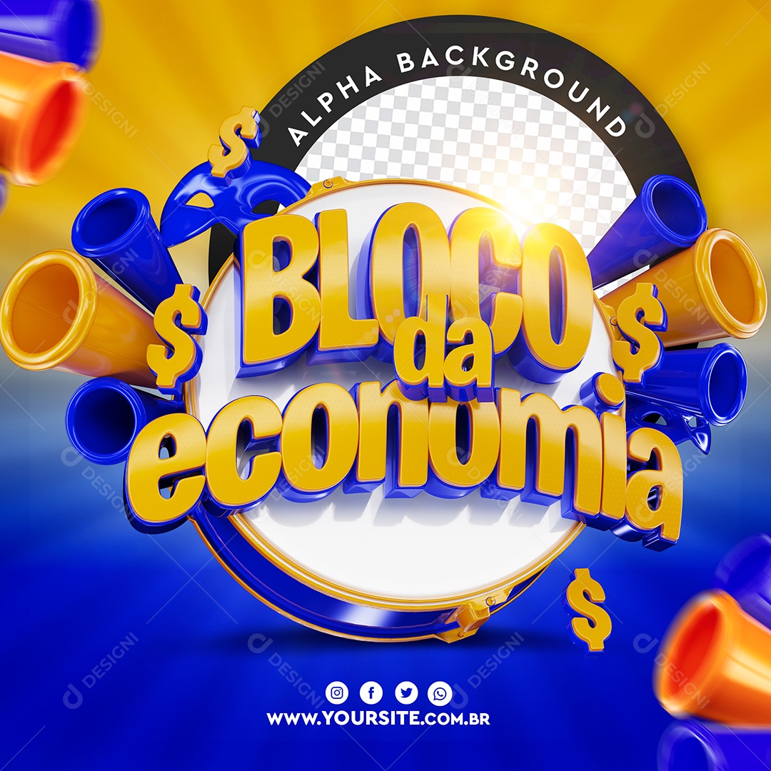 Bloco da Economia Selo 3D Dourado e Azul para Composição PSD