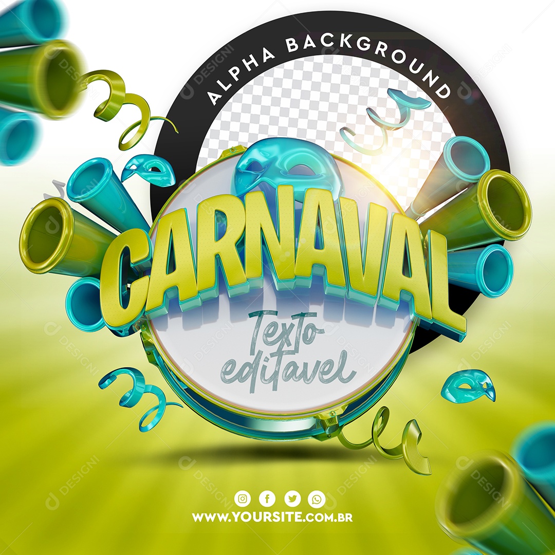 Carnaval Selo 3D Verde e Azul para Composição PSD