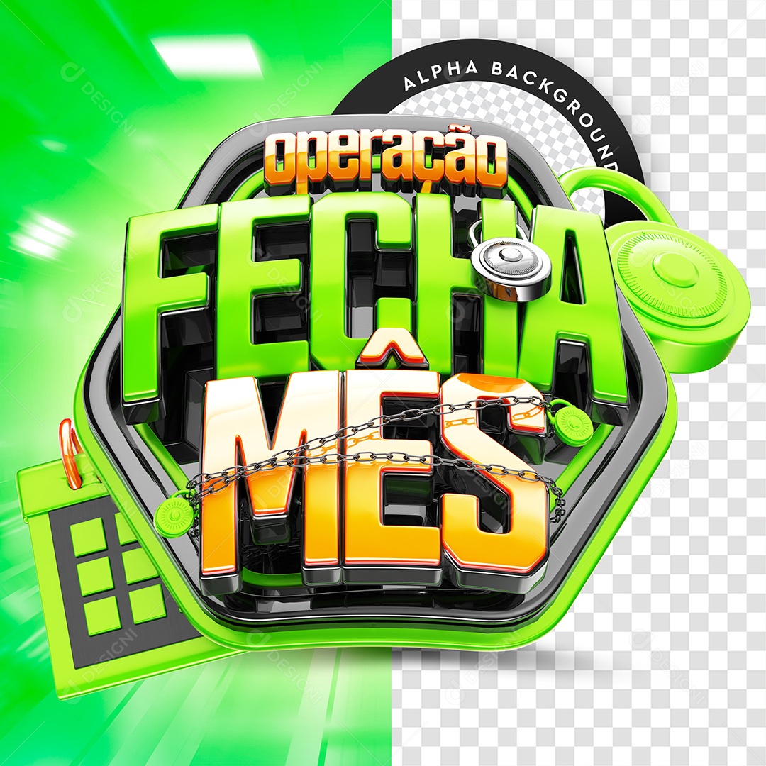 Operação Fecha Mês Selo 3D Verde e Dourado para Composição PSD