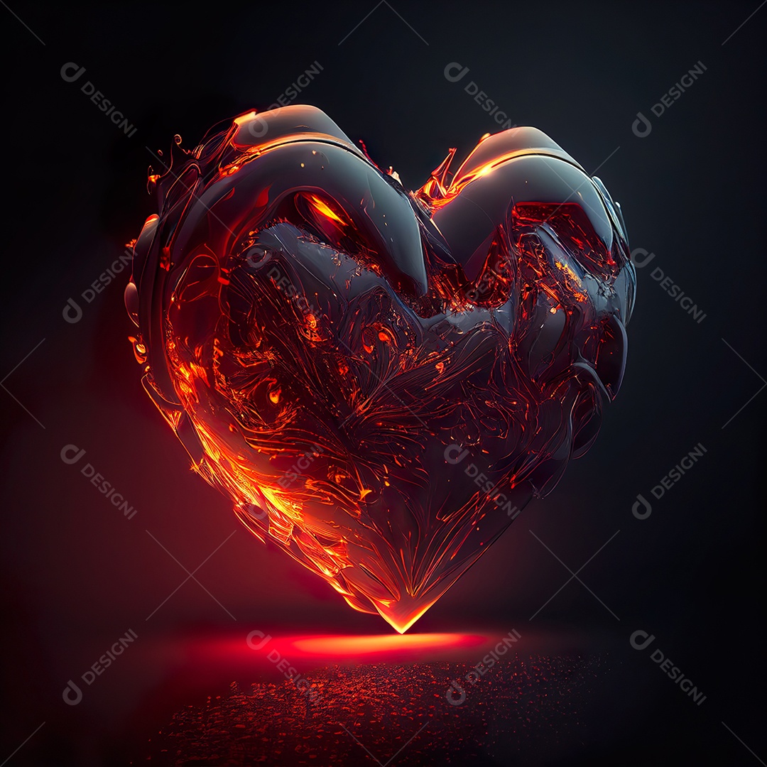 Coração flamejante brilhante no fundo preto - conceito de dia dos namorados