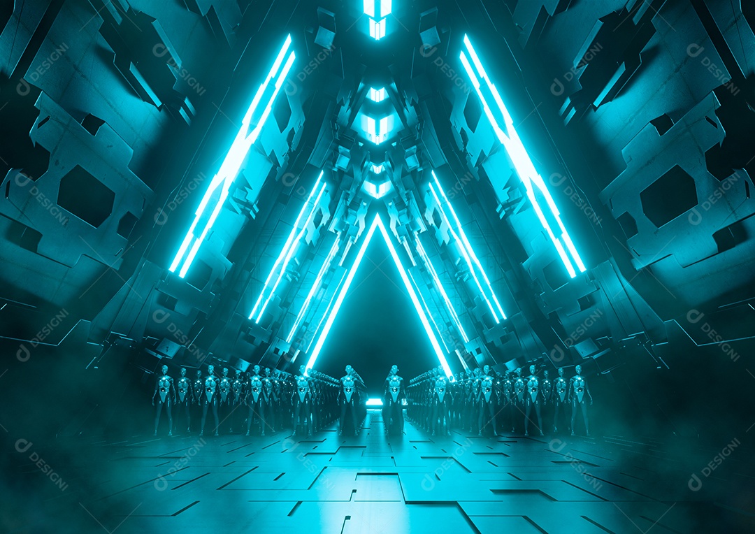 Robôs de ficção científica de cena futurista passando por teletransporte gigante para invasão militar. ilustração 3D