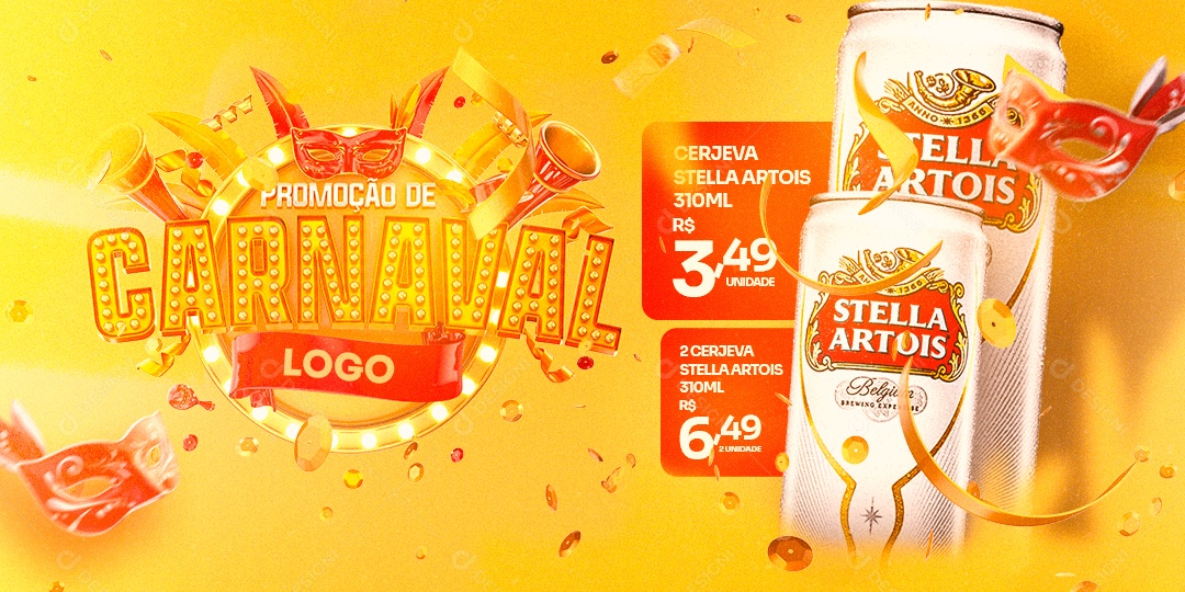 Banner Promoção de Carnaval Cerveja Stella Artois 3,49 Social Media PSD Editável