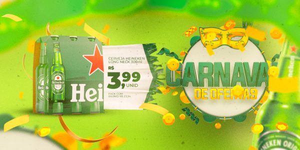 Banner Carnaval de Ofertas Cerveja Heineken 3,99 Social Media PSD Editável