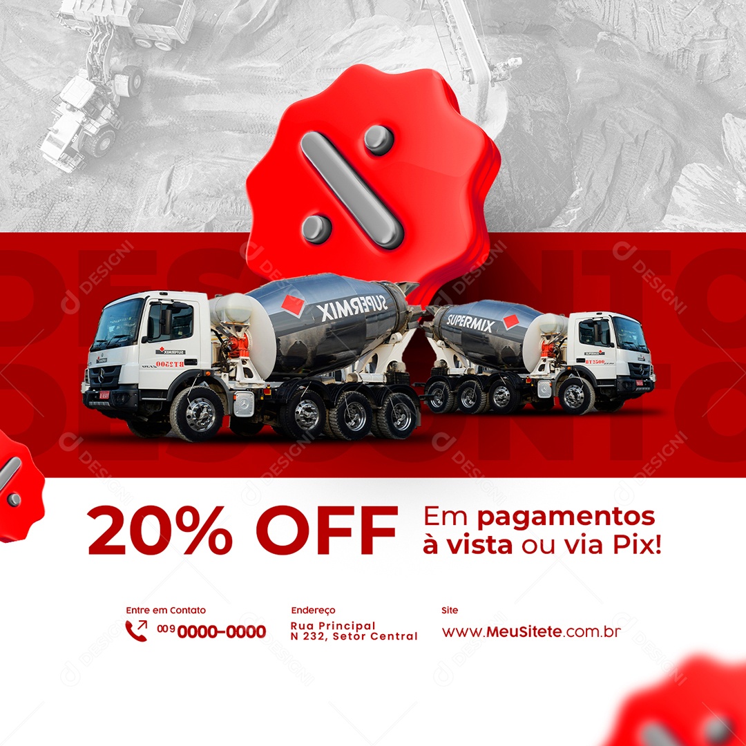 Social Media 20% Off em Pagamentos à Vista ou Via Pix Cimento Construção Social Media PSD Editável